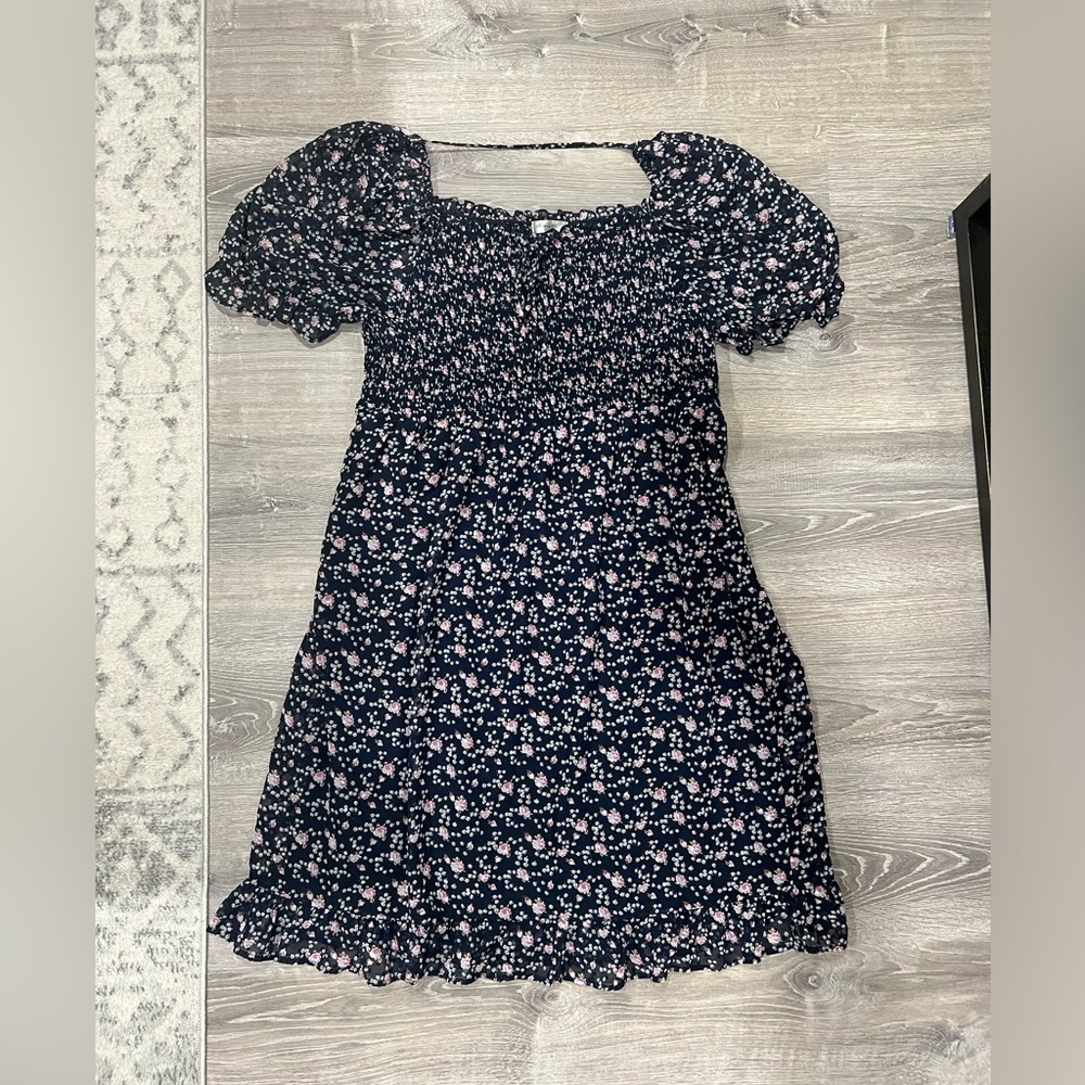 Navy Blue with Pink Floral Midi Dress